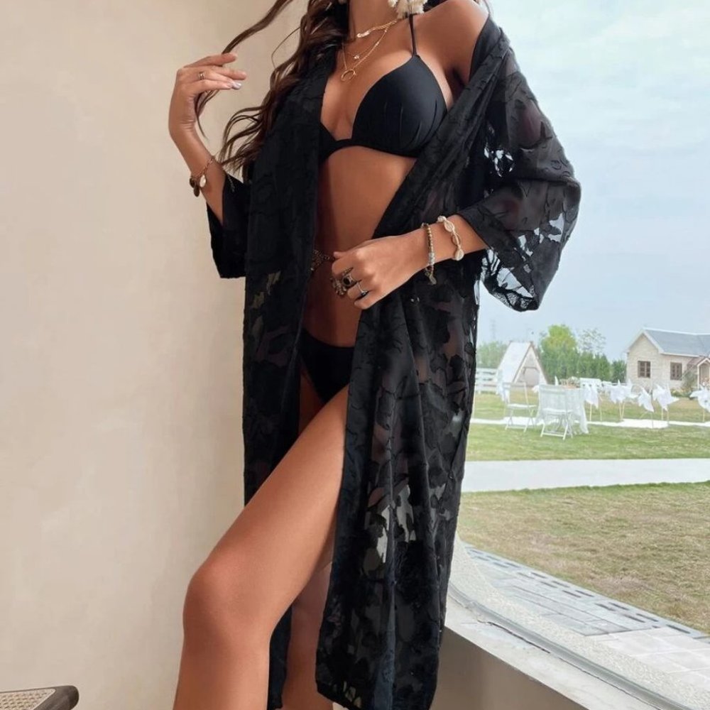 vacay style Floral Print Sheer Kimono Beach cover up Black - Picture 5 of 6